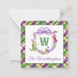 Watercolor Mardi Gras Plaid Animals Monogram Crest Notitiekaartje