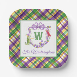 Watercolor Mardi Gras Plaid Animals Monogram Crest Papieren Bordje