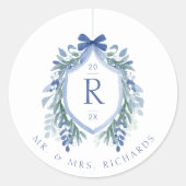 Watercolor Maretak Initialen Crest Monogram Ronde Sticker (Voorkant)