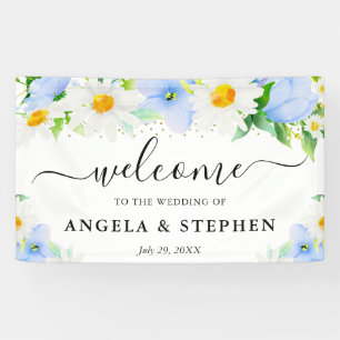 Watercolor Margrieten Blauwe Bloemen Trouw Welkom Spandoek