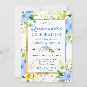 Watercolor Margrieten en Blauwe Bloemen Quinceaner Kaart