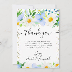 Watercolor Margrieten en Blauwe Bloemen Sweet 16 Bedankkaart
