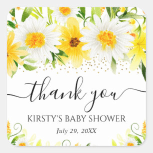 Watercolor Margrieten & Gele Bloemen Baby Shower Vierkante Sticker