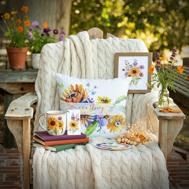 Watercolor margrieten gepersonaliseerd  buitenkussen (Creator heeft geüpload)
