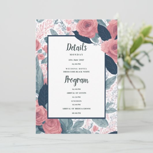Watercolor marineblauwe roze bloemdetails programm kaart (Staand voorkant)