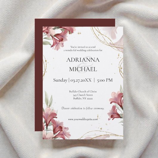 Watercolor Maroon Floral Wedding Invitation Kaart