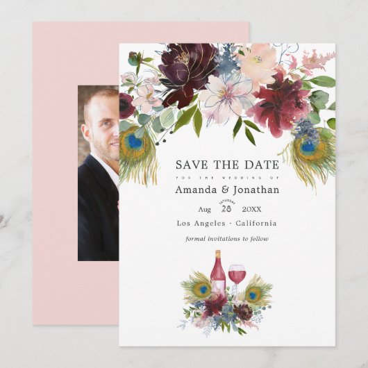 Watercolor Marsala en Blush Bloemen Bruiloft Save The Date (Voorkant / Achterkant)