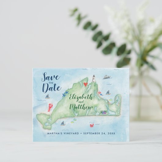 Watercolor Marthas Vineyard Kaart Bewaar de Datum (Staand voorkant)