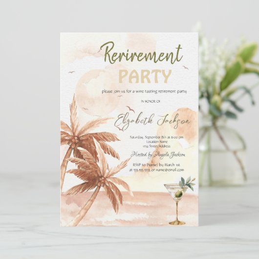 Watercolor Martini Glass Rustic Palms Retirement  Kaart (Staand voorkant)