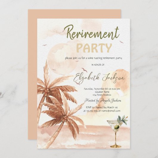 Watercolor Martini Glass Rustic Palms Retirement  Kaart (Voorkant / Achterkant)