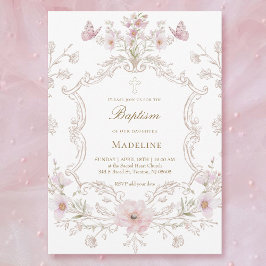 watercolor meadow flowers frame Baptism girl Kaart