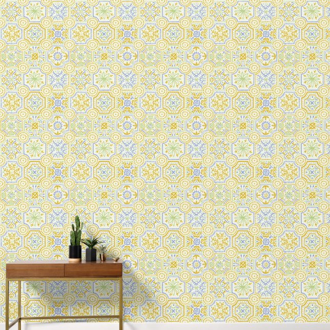 Watercolor Mediterraans Azulejo Boho Patroon  Behang (Hal)