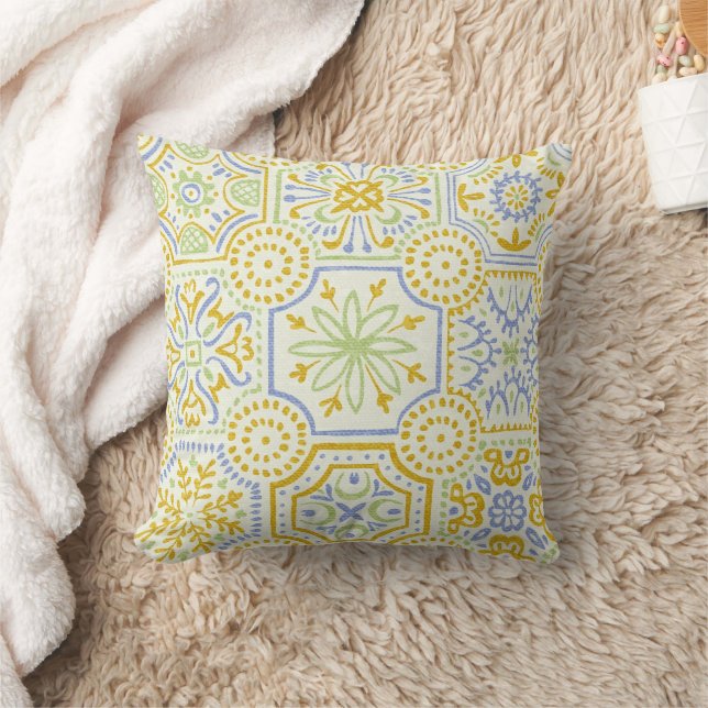Watercolor Mediterraans Azulejo Boho Patroon  Kussen (Deken)