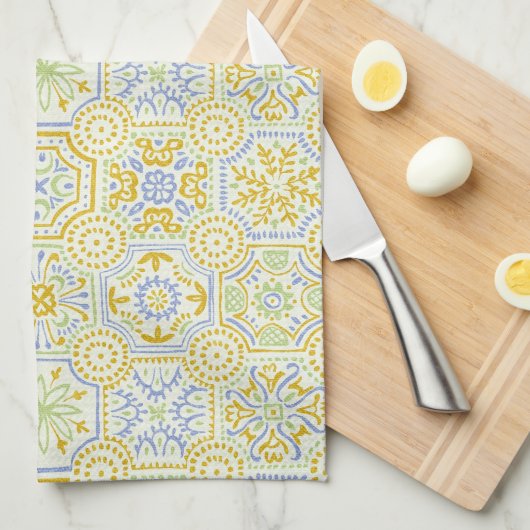 Watercolor Mediterraans Azulejo Boho Patroon Theedoek (Quarter Fold)