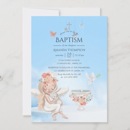 Watercolor Meisje Engel Doop Foto Uitnodiging (Voorkant)