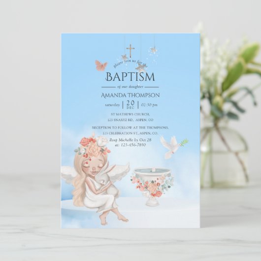 Watercolor Meisje Engel Doop Foto Uitnodiging (Staand voorkant)