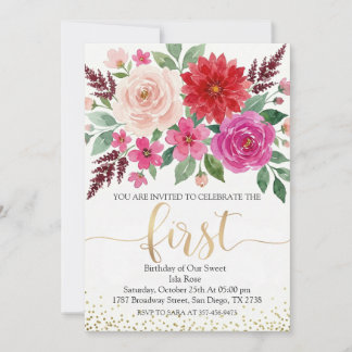 Watercolor Meisje Verjaardag Bloemig Goud Glitter Kaart