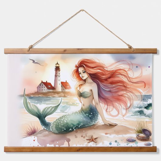 Watercolor Mermaid by Lighthouse Shore Hangend Wandkleed (Voorkant)