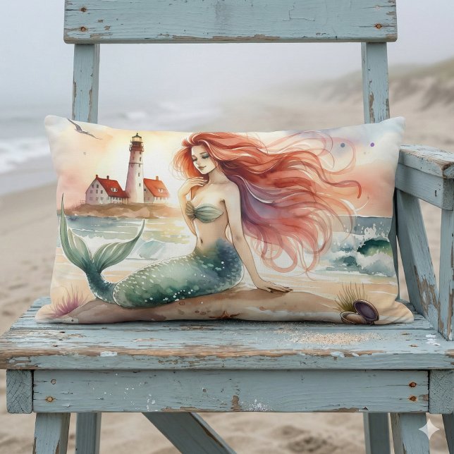 Watercolor Mermaid by Lighthouse Shore Kussen (Watercolor Mermaid by Lighthouse Shore Lumbar Pillow Mockup A)