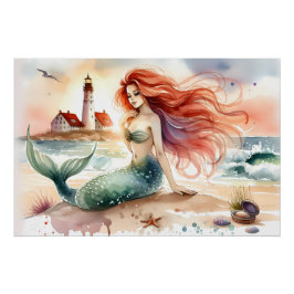 Watercolor Mermaid by Lighthouse Shore Perfect Poster