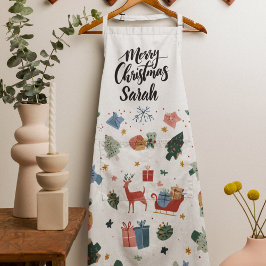Watercolor Merry Christmas Pattern | Cooking Apron Schort
