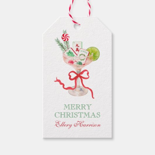 Watercolor Merry Mahjong Christmas Cocktail Party Cadeaulabel (Voorkant)