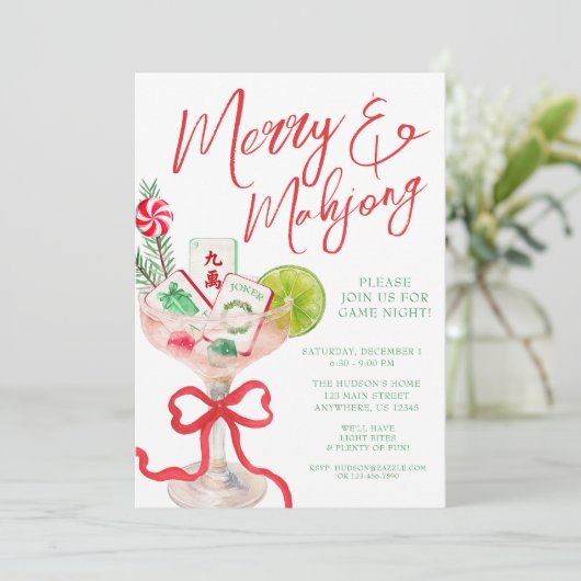 Watercolor Merry Mahjong Christmas Cocktail Party Kaart (Staand voorkant)