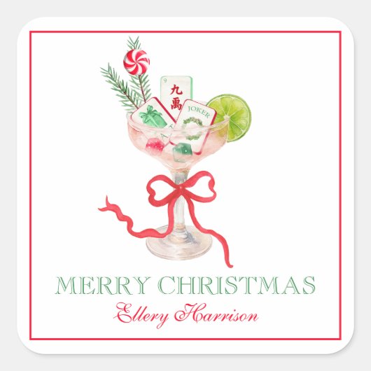 Watercolor Merry Mahjong Christmas Cocktail Party Vierkante Sticker (Voorkant)