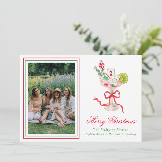 Watercolor Merry Mahjong Christmas Cocktail Photo Feestdagenkaart (Staand voorkant)