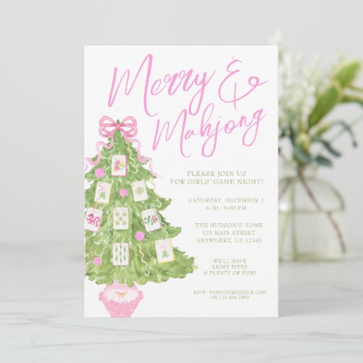 Watercolor Merry & Mahjong Christmas Tree Party Kaart (Staand voorkant)