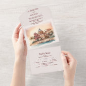 Watercolor Mexico Cancun Bruiloft Bestemming All In One Uitnodiging (Afscheurbaar)