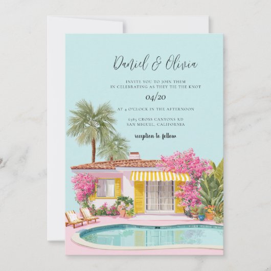 Watercolor Miami Beach Bruiloft Kaart (Voorkant)