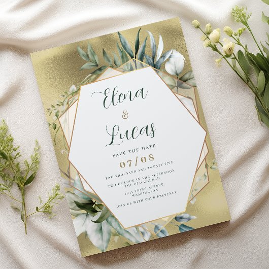 Watercolor mint gold foliage geometric wedding kaart
