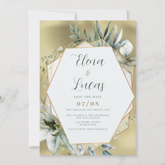 Watercolor mint gold foliage geometric wedding kaart (Voorkant)