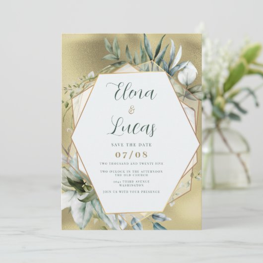 Watercolor mint gold foliage geometric wedding kaart (Staand voorkant)