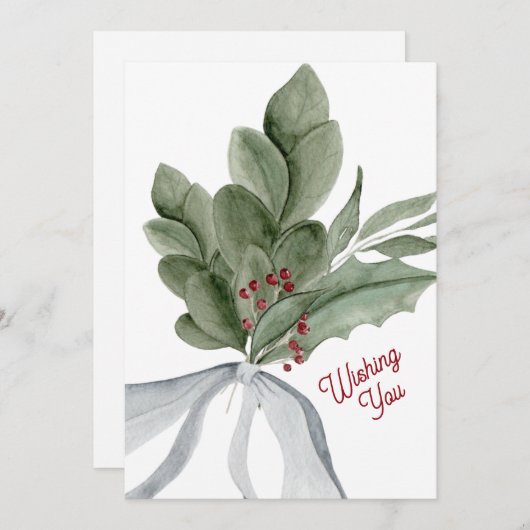 Watercolor Mistletoe Groene Personalized Feestdagenkaart (Voorkant / Achterkant)