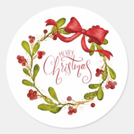 Watercolor Mistletoe Wreath with Bow Ronde Sticker