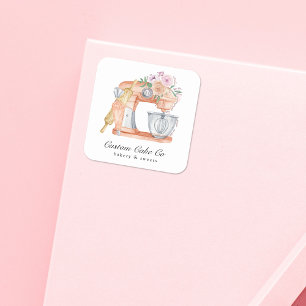 Watercolor Mixer Cake + Bakkerij Visitekaartje Vierkante Sticker