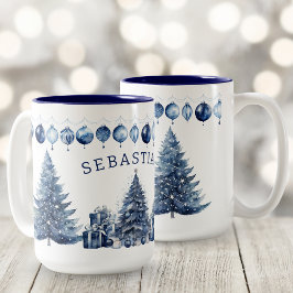 Watercolor Modern Navy Blue Christmas Tree Name Tweekleurige Koffiemok