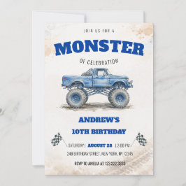 Watercolor Moderne Blauwe Monster Truck Jongen Ver Kaart