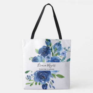 Watercolor Moderne Bloemendessin Navy Blauwe Zakel Tote Bag