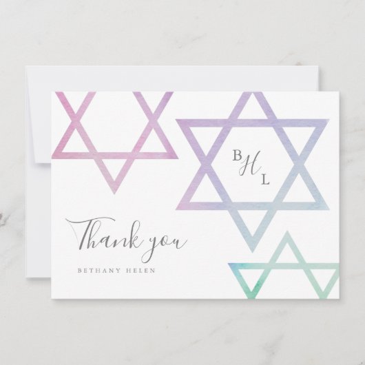 Watercolor Monogram Bat Mitzvah Bedankje Kaart (Voorkant)