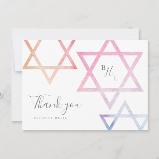 Watercolor Monogram Bat Mitzvah Bedankje Kaart (Voorkant)