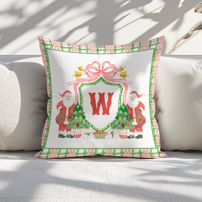 Watercolor Monogram Initiaal Geruite Santa Wapen Kussen (Creator heeft geüpload)