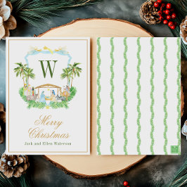 Watercolor Monogram Initiaal Kerststallen Crest Feestdagenkaart