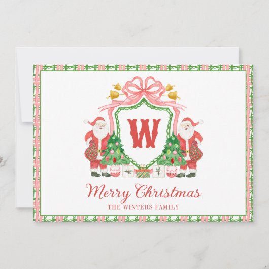 Watercolor Monogram Initial Santa Crest Photo Feestdagenkaart (Voorkant)