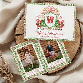 Watercolor Monogram Initial Santa Crest Photo Feestdagenkaart