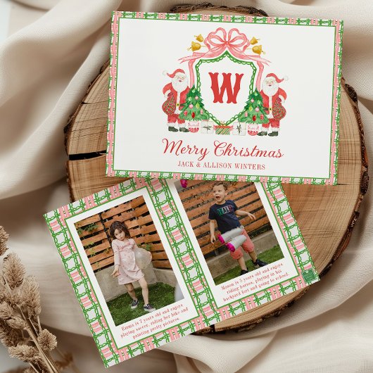 Watercolor Monogram Initial Santa Crest Photo Feestdagenkaart