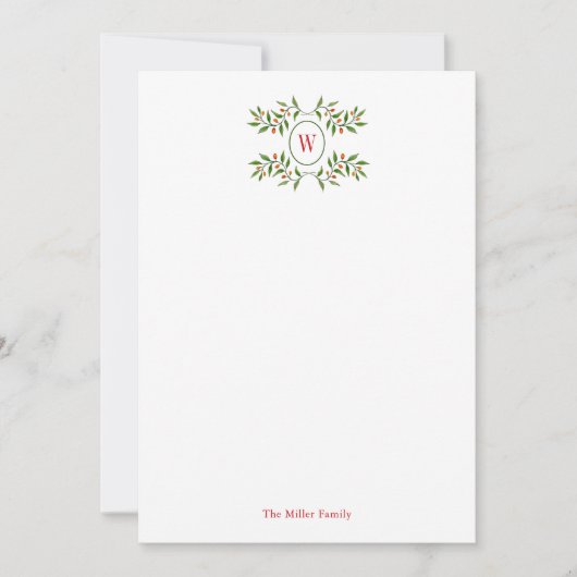 Watercolor Monogram met groen Holiday Notitiekaartje (Voorkant)