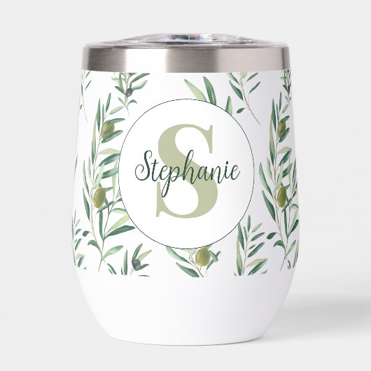Watercolor Monogram Naam Olijftakken Patroon (Voorkant)